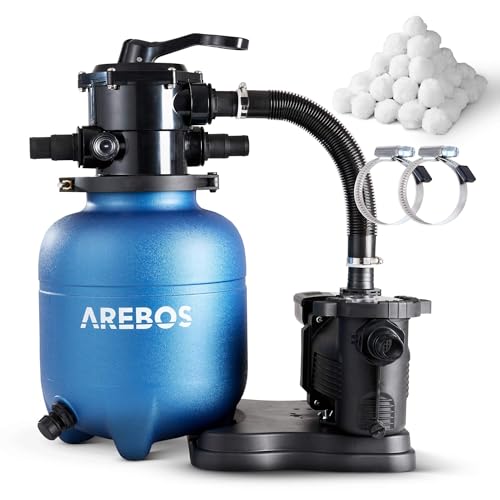 Arebos Sandfilteranlage mit Pumpe inkl. 600g Filterbälle | 350W | 9500 L/h | Tankvolumen bis zu 20 kg Sand | 7 - Wege Ventil mit Griff | mit Druckmanometer | Poolfilter | Blau