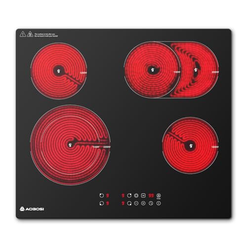 Aobosi Glaskeramikkochfeld 4 Platten 60cm,Herdplatte 4 Kochfelder mit Sensor-touch Control,9 Leistungsstufe,Dual-Zone und Bratzone, Pause-Funktion,6600W,Sicherheitsverriegelung,Timer