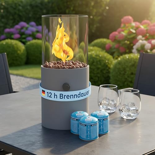 TOM Innovation XXL Gas Tischkamin - 12h Brenndauer für Indoor & Outdoor – Tisch Kamin Set – Tischfeuer mit Deko-Steinen – Plus 3X 190 g Stechgaskartusche