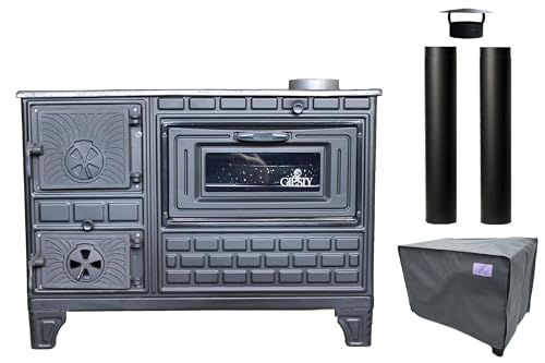 Giesty® Outdoor-Küchenofen Terrassenofen, Outdoorküche Gartenküche Holzofen Ofen mit Holz Holzkohle, Garten-Kamin, Outdoor-Küchenherd, Kuzine Soba (Gusseiserne Tür+2 Rohre+wasserdichte Abdeckung)