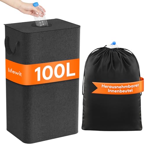 Lifewit 100L Pfandflaschen Sammelbehälter mit Deckel, Groß Pfandflaschen Aufbewahrung, Behälter Leergut & Altglas Aufbewahrung, Flaschensammler mit Loch Küche Abstellraum Flaschentasche, Dunkelgrau