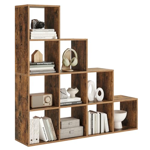 VASAGLE Bücherregal mit 10 Fächern, Regal offen, Stufenregal, Ordnungssystem für Deko, Fotos, Pflanzen, Wohnzimmer, Schlafzimmer, Arbeitszimmer, 29 x 129,5 x 129,5 cm, vintagebraun LBC10BX