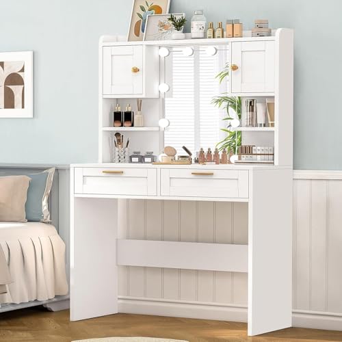 FIONESO Schminktisch mit Beleuchtung,Einstellbarer Helligkeit,Frisiertisch mit HD Spiegel und 2 Schubladen,Kosmetiktisch mit 2 Schränken und 2 offene Ablagen, Moderner Kommode, Schlafzimmer, weiß