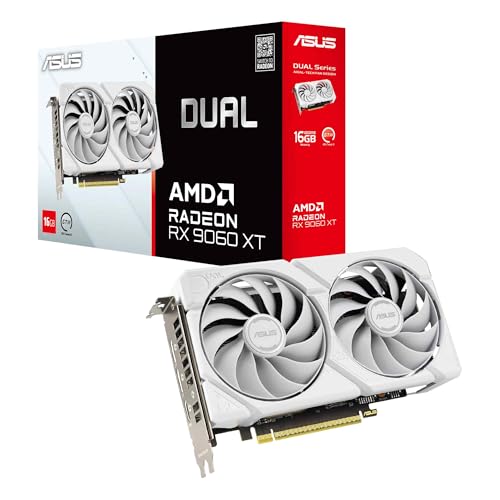 ASUS Dual Radeon RX9060XT 16G GDDR6 White Gaming Grafikkarte (AMD Radeon RX9060XT, AMD RDNA 4 Architektur, 2,5-Slot Design, DUAL BIOS, PCIe 5.0, 1x HMDI 2.1b, 2X DisplayPort 2.1a, weiß)