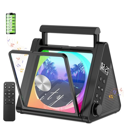 CD-Player mit tragbarem Griff, spezielles Dreieckdesign, verbesserter Bluetooth-CD-Player mit 8 Modi RGB-Beleuchtung, 4000-mAh-Akku, 20-W-Lautsprechern, Fernbedienung, Opt/AUX/USB/FM-Radio (Schwarz)