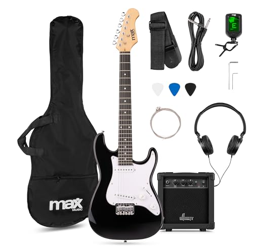 Max GigKit Junior 3/4 - Kinder E Gitarre Set, E Guitar, Elektrogitarre mit Verstärker 20 Watt, Tasche, Plektrum, Kopfhörer, Gurt, Stimmgerät, Kabel, Saiten, Electric Guitar, E Gitarren Set - Schwarz