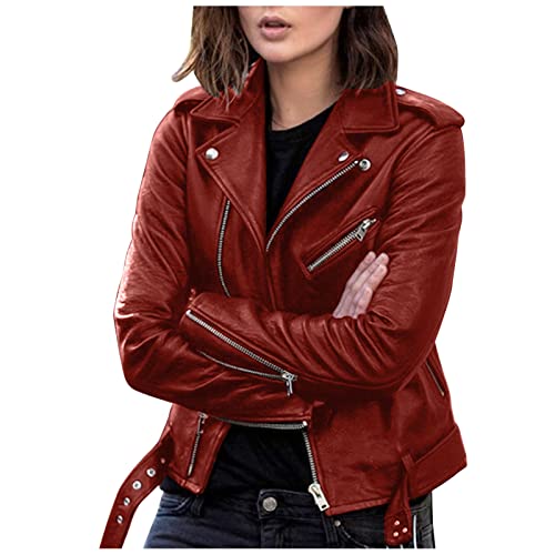 Kunstlederjacke Damen Schwarz, Lederjacke Damen Rot, Biker Jacke Frauen Mit Zip, Gefüterte Lederjacke Damen PU Leder Jacke Kurz Bikerjacke Damen Tylisch Große Größen Lederimitat Jacke Größen S-5XL