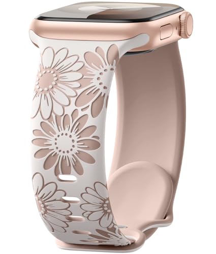 Maledan Floral Gravierte Armband Kompatibel mit Apple Watch Armband 41mm 40mm 38mm 42mm Damen, Zweifarbige Blume Silikon Sport Band für iWatch SE Series 11 10 9 8 7 6 5 4 3 2 1, Polarstern/Milchtee