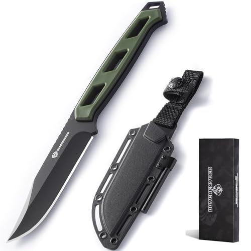 DRACHENADER Jagdmesser Feststehende Klinge, Gürtelmesser 10 cm Klingenlänge, 5Cr13MoV Stahl, Messer Outdoor mit Feuerstahl und ABS Scheide, Schwarze Klinge+ Grün Griff