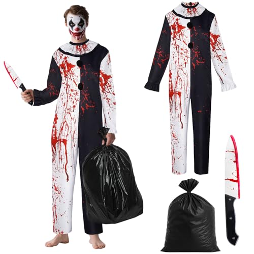 Jiahuade Art Clown Kostüm,halloween horror clown kostüm,Terrifier Art der clown Kleidung mit Fake-Messer,Blutiges Gruseliges Kleidung,für Halloween Karneval Party Maskerade Verkleidung
