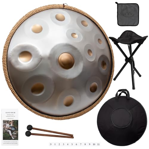 LOMUTY Handpan Drum 12 Töne 22 Zoll Stahltrommel in D-Moll Kurd 440 HZ Steel Tongue Drum mit weicher Tasche, Harmonic Percussion für Sound Healing, Meditation, Yoga, Silber