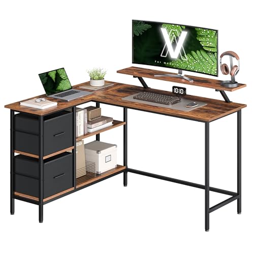 VASAGLE L-förmiger Schreibtisch, 2 geräumige Schubladen, Computertisch mit Monitorständer, Eckschreibtisch, Gaming-Tisch mit Verstellbarer Ablage 135 x 105 cm vintagebraun LWD098B01