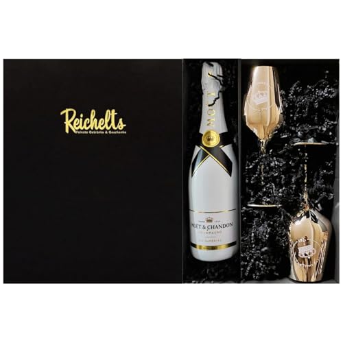 Moet & Chandon Ice Imperial 0,75 l 12% + 2 x original Moet & Chandon Champagnerglas in gold als Geschenkset in Präsentbox by Reichelts