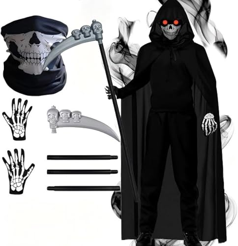 Meiruier Halloween Sensenmann Kostüm Erwachsene: mit Umhang Kapuze Glühhandschuhen Schädelmaske Sense Set - für Halloween Party Karneval Cos play