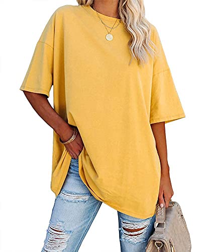 Ebifin Oversize T Shirt Damen Rundhals Kurzärmeliges Tops Casual Lockere Basic Sommer Tee Shirts Bluse.Gelb.L