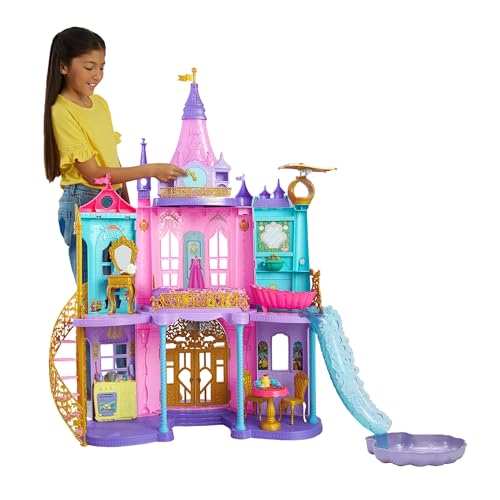 Mattel Disney Prinzessin Puppenhaus, Magisches Schloss, 3 Etagen, 10 Spielbereiche, mit Licht und Geräuscheffekten, inkl. 28 Zubehörteilen, Disney Geschenke, Spielzeug ab 3 Jahre, HLW29