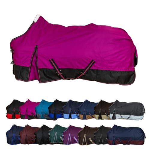 RL24 - Weidedecke 600D Basicline – als Regendecke & Übergangsdecke – Wind- & wasserdichte Outdoordecke mit Innenfutter & Kreuzbegurtung – Pferdedecke in Beere/Schwarz – 95cm (Nylonfutter)