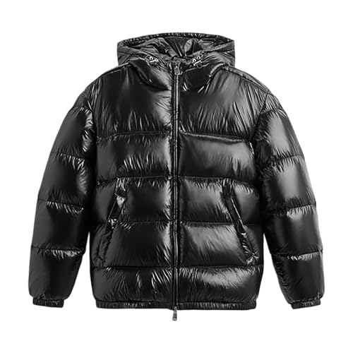 SKFLABOOF Winterjacke Herren Damen Glänzende Steppjacke Warme Leichte Daunenjacke Puffer Jacke Mit Kapuze Outdoor Puffermantel Langarm Wintermantel Schwarz L
