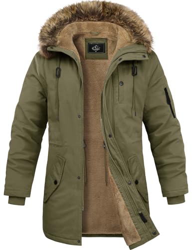 Lonya Winterjacke Herren Fleece Winterparka Warm Gefüttert Wintermantel Mit Kapuze Winddicht Lang Mantel Outdoor Parka Jacke für Männer, Olivgrün, XL
