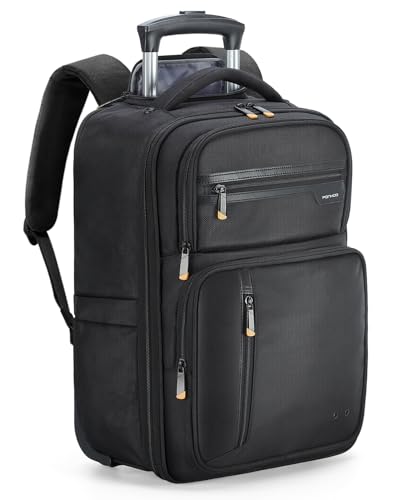 Ponhog Rucksack mit Rollen, Business Rucksack Trolley Handgepäck Flugzeug Reiserucksack Laptop Rücksack mit 15 Zoll Laptopfach Backpack für Uni, Arbeit, Schwarz