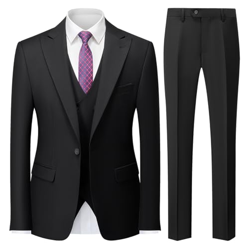 MODFUL Herren Anzug 3-teilig Slim Fit Business Einknopf Smoking Hochzeitsblazer Weste Hosen Set (Schwarz, XL)