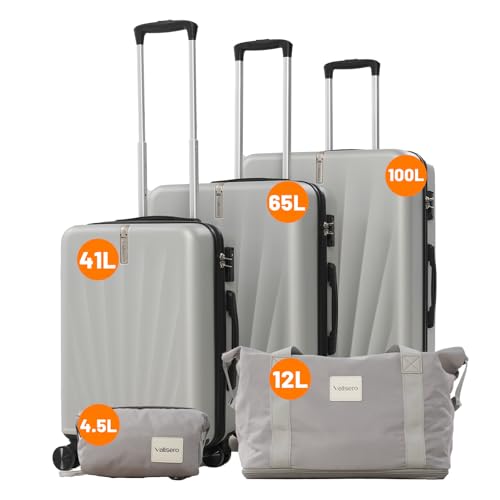 Vallsero Koffer Set 5-teilig, Gepäck-Sets, Reisekoffer Set, Handgepäck & große Koffer für Business & Reise Trolley, Enthält 1 Reisetasche und 1 Kulturbeutel, TSA-Schloss, 360°Rollen, ABS (Silber)