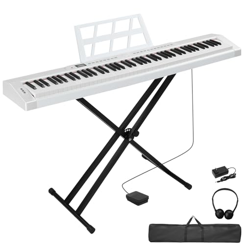 LEADZM 88 Tasten Halbgewichteten Digital Piano, Full Size Keyboard, Elektronische Tastatur mit Doppelrohr-X-Förmigem Ständer, Bluetooth MIDI, Notenständer, Sustain-Pedal, Kopfhörer (Weiß)