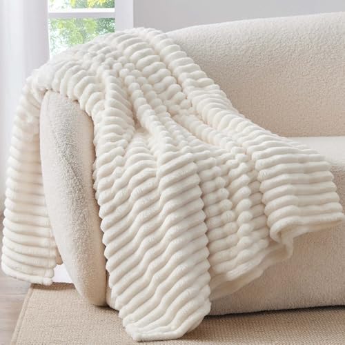 BEDELITE Kuscheldecke Flauschig Decke Klein - weiche Flanell Decken Elfenbein Weiß 125x150 für Sofa, Deko Streifen Cord Fleecedecke Weiss als Sofaüberwurf für Wohnzimmer, Throw Blanket Wide Use