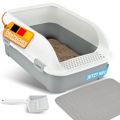 CROPLAS Katzenklo offen hoher Rand, Katzenklo ohne Deckel, Katzenklo groß, offenes Katzenklo, Katzentoilette offen mit Katzenklo Matte + Katzenklo Schaufel, Cat Litter Box, Katzen klo, Katzenklo weiß