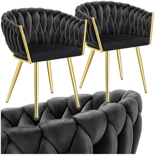 tectake® Samt Stuhl, Schalenstuhl mit Armlehne in Knoten Optik, Esszimmerstühle, Sessel modern für Wohnzimmer, Esszimmer, als Küchenstühle, für Schminktisch, Dining Chair Set - Schwarz/Gold, 2er Set