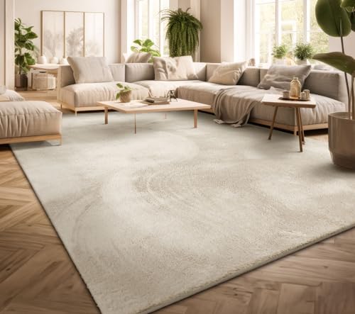 TT Home Wohnzimmer Teppich Kurzflor Anti-Rutsch Rückseite Unifarben Modern Waschbar, Farbe: Creme, Größe:140x200 cm