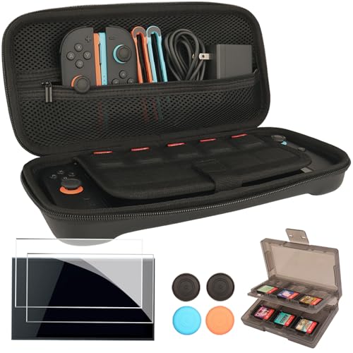 Case and Tempered Glass for Nintendo Switch 2, Travel Carrying Case, 2 Pieces Tempered Glass Screen Protectors, Game Card Cartridge Case, and 4 Pieces Joy-Con Grips Caps,8-in-1 Accessories Kit