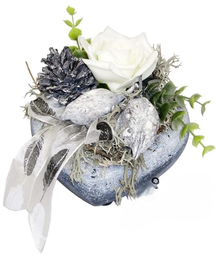 Grabschmuck Herz mit weißer Schaumrose, Keramikherz, wetterfest CreaFlor Home