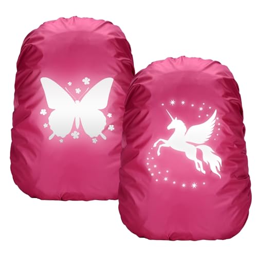 Byhsoep Regenüberzug Schulranzen Einhorn Dino Schmetterlinge Rucksack Regenschutz wasserdichte Regenhülle für Rucksack Überzug Reflektierend für Jungen Mädchen Schulanfänger (Rosenrot)
