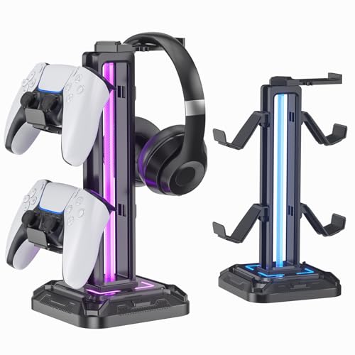KDD Gaming Kopfhörer Ständer Led mit 9 Lichtmodi - Drehbarer Headset Halterung Tisch mit Abnehmbarer Controller Halterung - Headset Ständer Gaming Zubehör für Gamer PC Xbox ONE PS5(Schwarz)