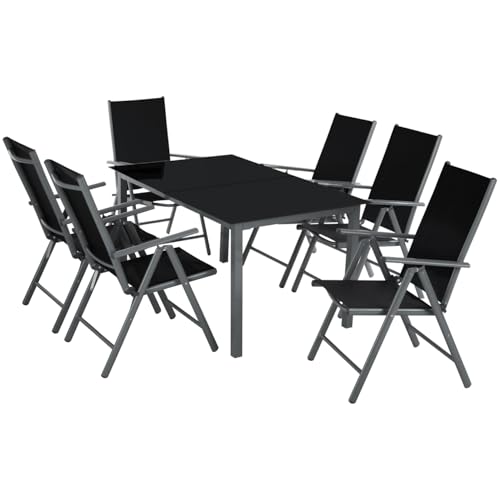 tectake® Sitzgarnitur Aluminium Klappstühle, Lounge Set mit 6X Stühle und 1x Glastisch Esstisch, Gartenmöbel Set wetterfest für den Balkon, Gartenstühle, Terrassenmöbel, Liegestuhl - anthrazit