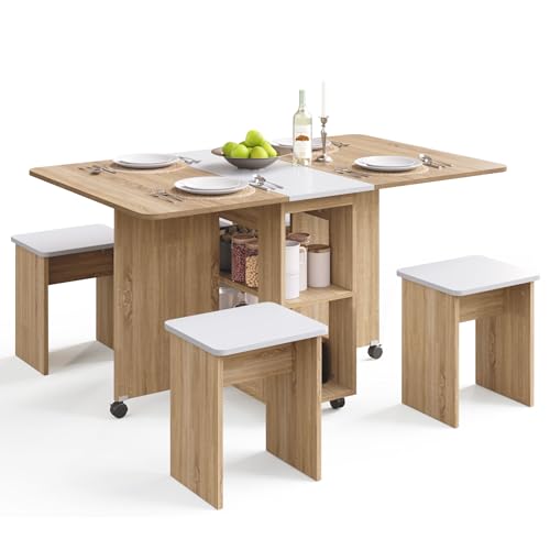 Mondeer Essgruppen, Klappbarer Esstisch mit 4 Stühlen, Esstisch Set mit Rollen und 2 Offenen Ablagen, für Kleine Räume Esszimmer Küche, 120 x 80 x 80 cm, Eiche und Weiß