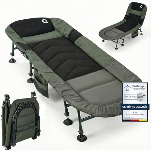 Q-Tac Karpfenliege [Stabil, Bequem & Leicht zu Reinigen] - Angelliege mit extragroßen Schlammfüßen, Angelliege Karpfenliege, Campingliege, Feldbett