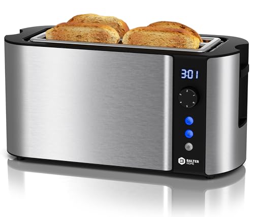 Balter Toaster 4 Scheiben, Langschlitz, Edelstahl, Brötchenaufsatz, LCD Display mit Restzeitanzeige, Auftaufunktion, Brotzentrierung, Krümelschublade, TS-04-LCD, Farbe: Silber