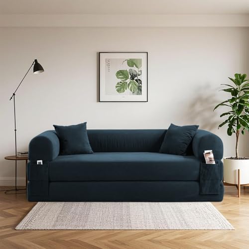 BMMB Bodensofa mit Schlaffunktion, 203cm 3-sitzer Boneless Couch Sofa, Klappbar Schlafsofa Schlafsessel Bed mit 2 Kissen, Moderne Klappsofa Sofabett für Wohnzimmer Schlafzimmer (Marineblau, 8025)