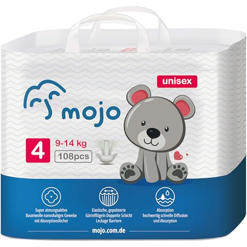 Einweg Babywindeln Größe 4, Auslaufschutz, Ultrasanft, Atmungsaktiv, Superabsorbierend, Unisex 9-14 kg, 108 Stück