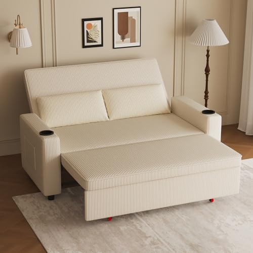 JUMMICO Schlafsofa 2-Sitzer klein, Sofa mit Schlaffunktion,Schlafsofa ausziehbar mit Kissen, Schlafcouch Cord-Bezug mit Getränkehalter Klappsofa Sofa Bed Für Wohnzimmer & Schlafzimmer