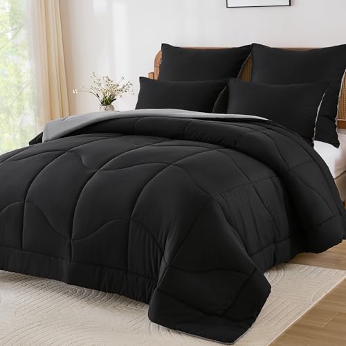 WONGS BEDDING Bettdecke 135x200-100% Bauwolle Bettdecke Ganzjahresdecke 300 GSM Wende Steppdecke135x200 Pflegeleicht & Atmungsaktiv Schlafdecke mit 1 Kissenbezug 80x80 cm, Schwarz&Grau