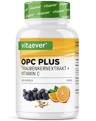 vit4ever OPC Traubenkernextrakt + natürliches Vitamin C - 365 Kapseln für 12 Monate -OPC Gehalt nach HPLC - aus Weintrauben - Vegan
