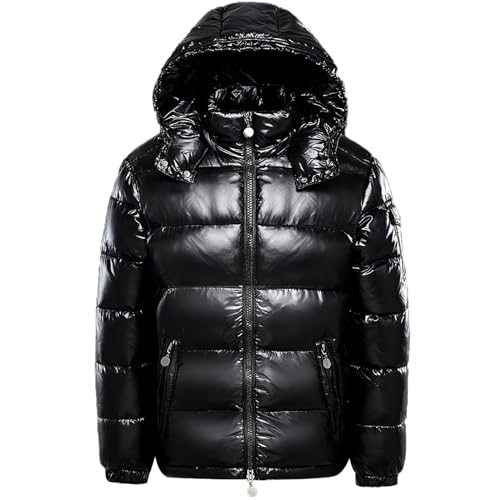 Winterkapuzenjacke, warm, mittleres Gewicht, Metallic-Daunenjacke, Reißverschluss, Steppung, glänzender Puffermantel, Schwarz , M