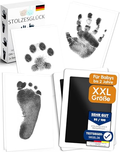 STOLZESGLÜCK Fußabdruck Handabdruck Baby Set inkl. 50 Vorlagen | XXL bis 2 Jahre 7,5cm x 12cm | Stempelkissen geprüfte Qualität Sicher & Sauber Farbe Abdruck-Set Baby ideal für Kinder Hand & Fuß