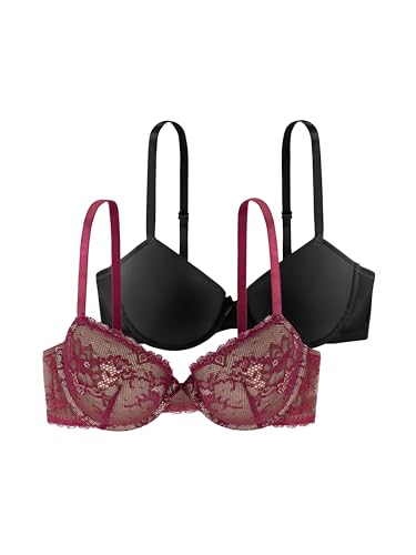 Dorina Damen Chloe 2er-Pack Demi-BH Set – Leicht Gepolsterte Bügel-BHS mit Floraler Spitze und Weichem Mikrogewebe, Verstellbare Träger, Schwarz und Rosa