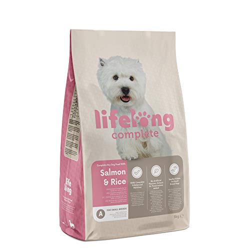 Amazon-Marke: Lifelong - Hundefutter für ausgewachsene Hunde (Adult) kleiner Rassen, Fein zubereitetes Trockenfutter mit Lachs und Reis, 3 kg (1er-Pack)