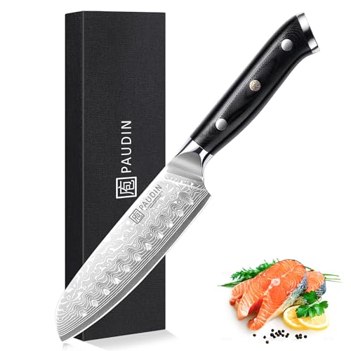PAUDIN Damastmesser santoku messer 13 CM, Profi Damast Küchenmesser für Küche, Extrem Scharf Kohcmesser und Küchenbeil, Hochwertigem Edelstahl Messer mit Scharfe Klinge und Ergonomisches G10 Griff