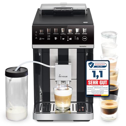 KKT KOLBE Kaffeevollautomat mit Milchbehälter, Milchschaumdüse und Zubehör, 2 Tassen Funktion, 15 Bar, 7-stufiges Mahlwerk, Touchscreen, Automatische Reinigung, 7 Getränke Barista One, schwarz silber